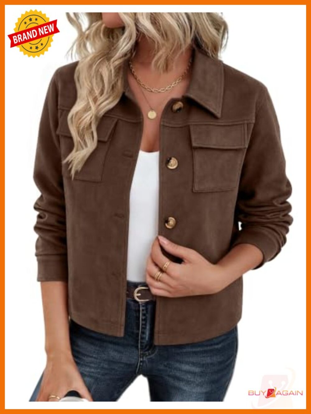 Faux Suede Cropped Jacket Button Down Shacket Collared Loose Fit Fall